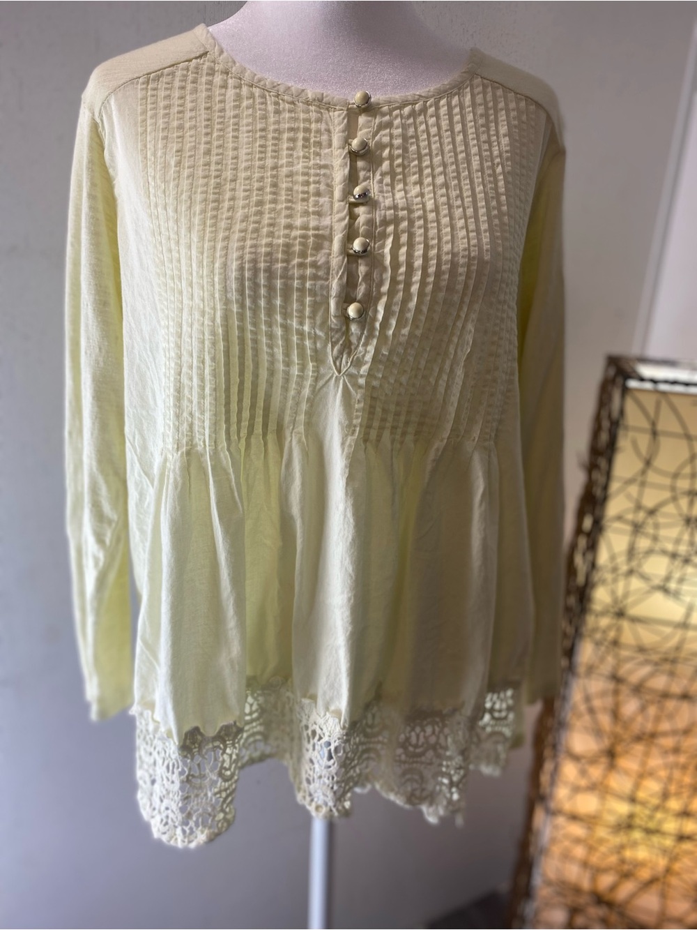 Women's Pale Yellow Pintuck Lace-Hem Blouse